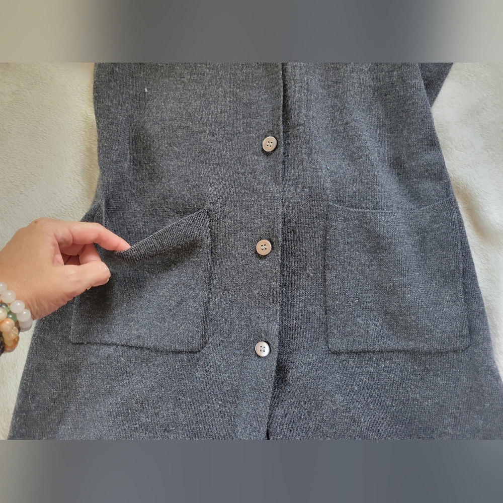 Sarah Spencer | Dark Gray Button Down Self-Tie Merino Wool Duster Cardigan - Picture 6 of 11